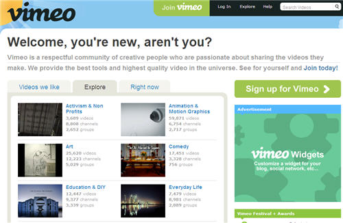 vimeo website interface