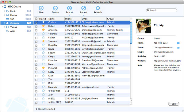 Mac Android MobileGo Contacts