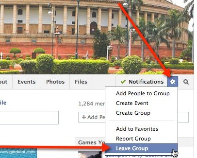 Remove yourself from a Facebook group via the gear icon.